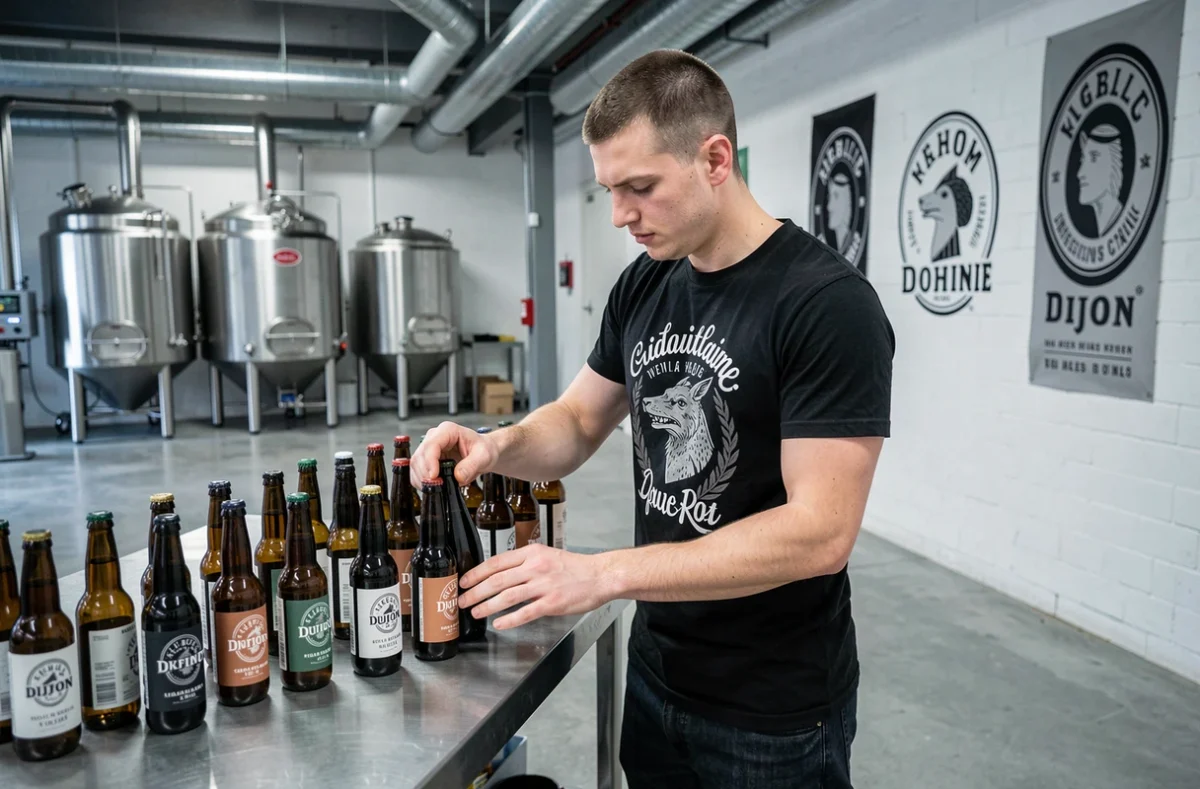 Jeune brasseur de la brasserie Independent House près de Dijon étiquetant des bouteilles de bière artisanale sur un plan de travail en acier inoxydable dans un atelier industriel moderne