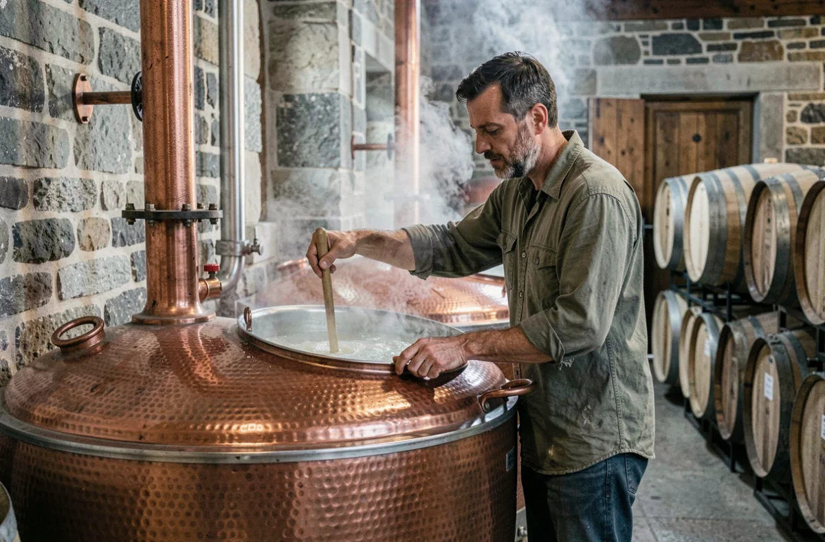 Brasseur de la Brasserie Artisanale La Bonne Bouille à Pontarlier remuant une cuve en cuivre dans un atelier en pierre de Franche-Comté avec des tonneaux en arrière-plan