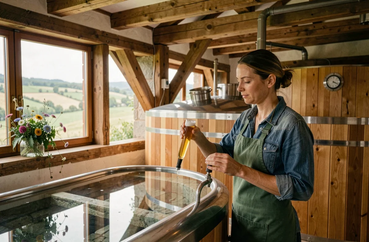 Brasseuse de la Brasserie La Kanopée à Sainte-Marie-sur-Ouche prélevant un échantillon de bière dorée sur une cuve en bois dans un ancien moulin avec vue sur la vallée bourguignonne