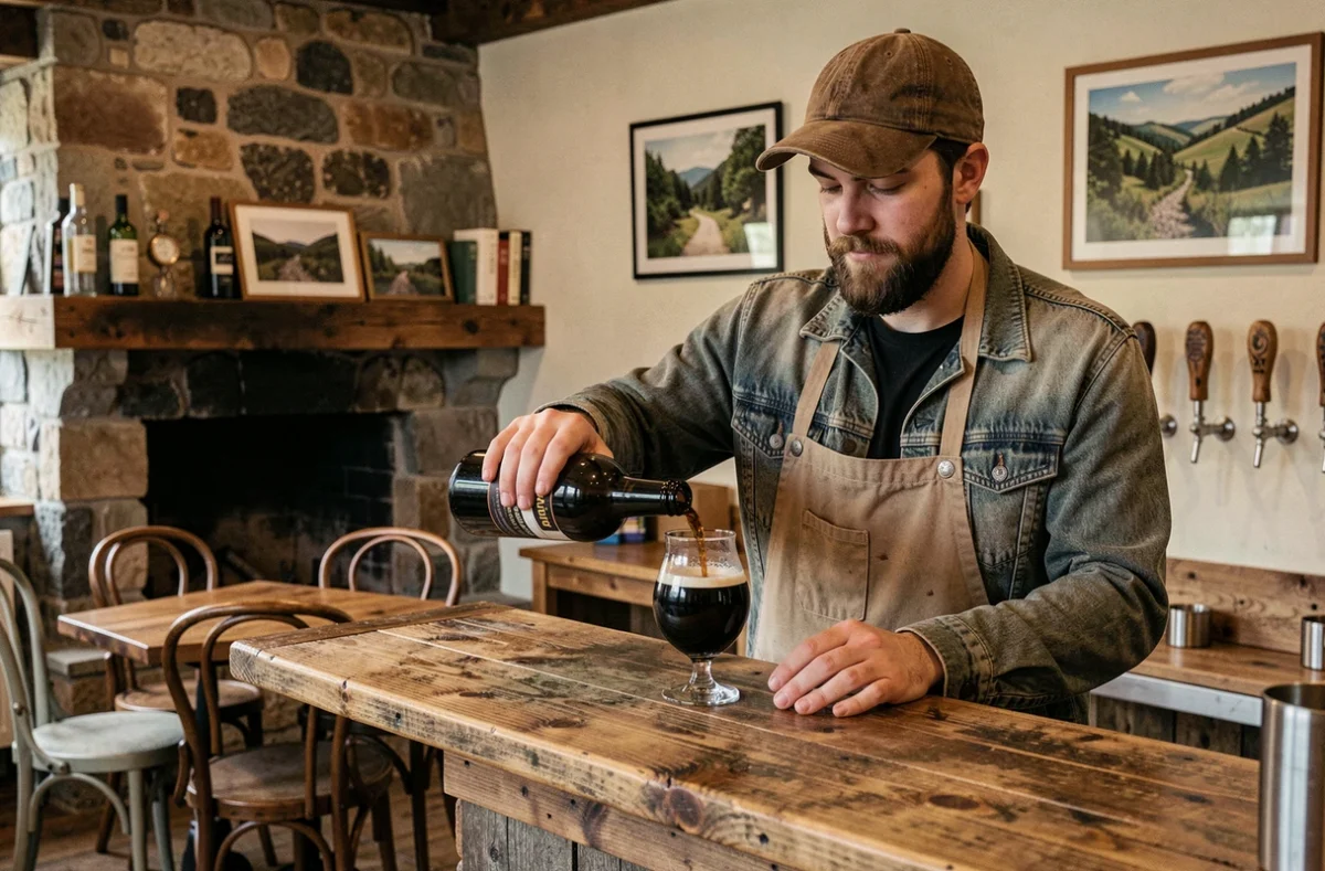 Brasseur de la brasserie Tipsy Brewing à Brassy versant une stout artisanale dans un verre tulipe au comptoir en bois recyclé d'un taproom rustique décoré de photos du Parc du Morvan