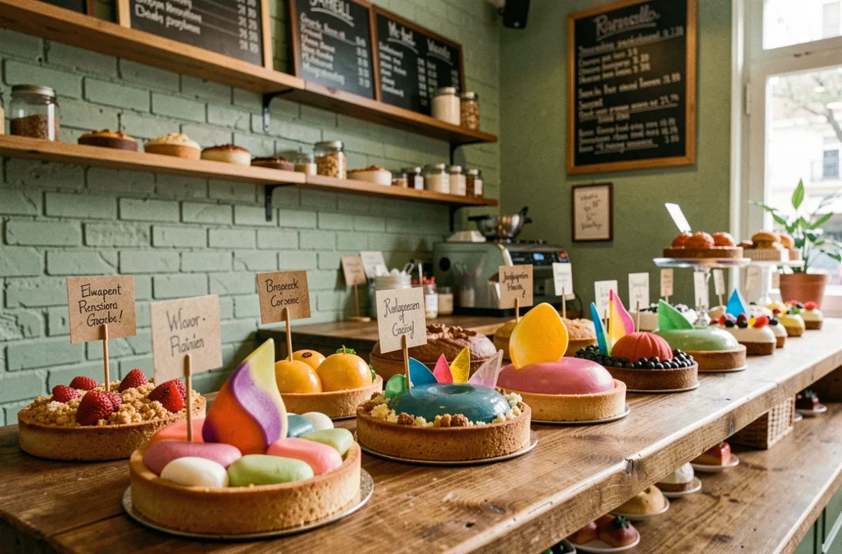 Vitrine créative de la pâtisserie Bricoleurs de Douceurs à Marseille avec des entremets colorés aux décors en sucre avant-gardistes sur fond de briques et boiseries vintage