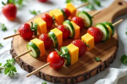 Plateau de brochettes apéro colorées pour enfants avec fromage, tomates cerises, concombre et fraises sur une planche en bois rustique