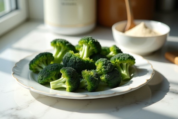 Brocolis frais sur une assiette avec poudre de proteines