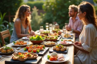 Buffet apéro dinatoire original et coloré servi sur une terrasse en bois avec mezze, mini brochettes et charcuterie sur planches en ardoise