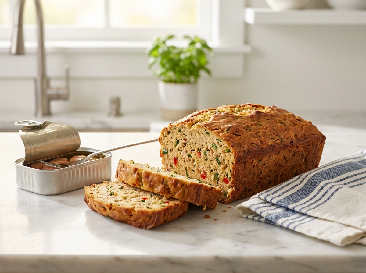 Cake au thon bio tranché avec une boîte de conserve ouverte sur plan de travail en marbre