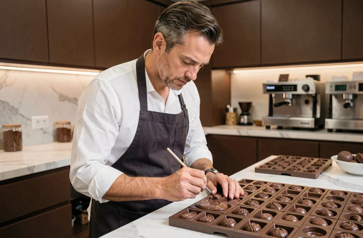 Chocolatier artisan peignant des moules en chocolat tempéré dans son atelier moderne à Saint-Raphaël, représentant le savoir-faire de Calderon Chocolatier