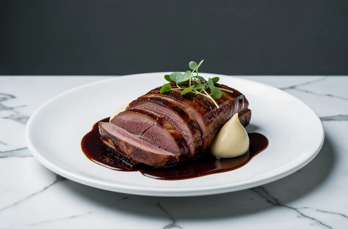 Carbonade flamande revisitée et gastronomique dressée sur assiette blanche dans un restaurant contemporain