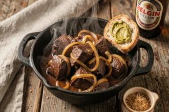 Carbonade flamande traditionnelle de grand-mère servie dans une cocotte en fonte sur une table en chêne rustique