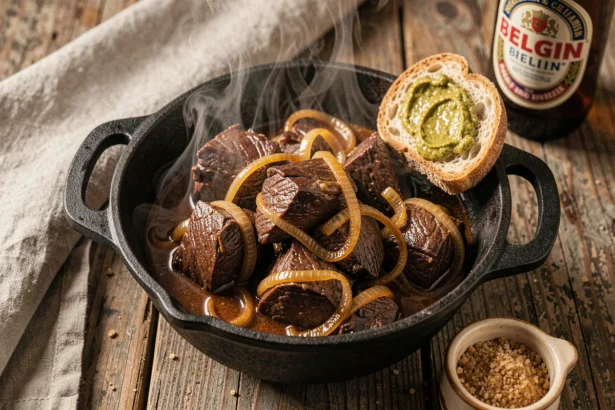 Carbonade flamande traditionnelle de grand-mère servie dans une cocotte en fonte sur une table en chêne rustique