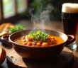 Bol de carbonnade flamande fumante avec persil frais sur une table en bois