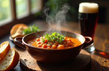Bol de carbonnade flamande fumante avec persil frais sur une table en bois
