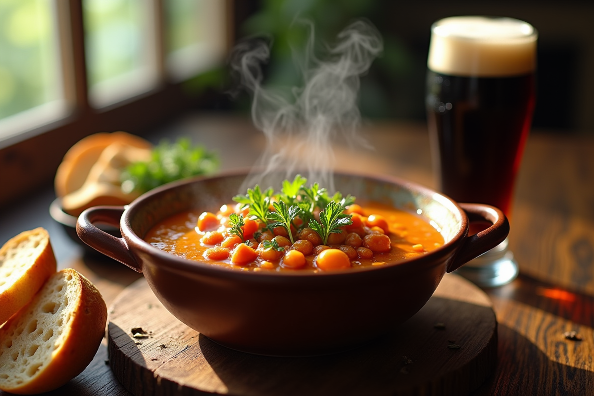 Bol de carbonnade flamande fumante avec persil frais sur une table en bois