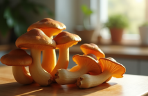 Champignons chanterelle frais sur plan de travail en bois