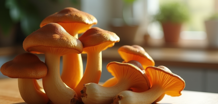 Champignons chanterelle frais sur plan de travail en bois