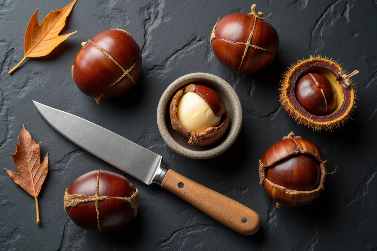 Châtaignes incisées, pelées et rôties sur une ardoise avec un couteau, vue de dessus style magazine culinaire