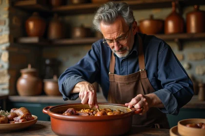 Chef français préparant un cassoulet dans une cuisine rustique