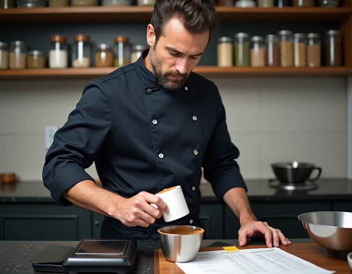 Chef consultant un tableau de conversion tasses en grammes tout en pesant du sucre roux sur une balance numérique dans une cuisine professionnelle