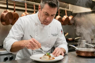 Chef cuisinier français concentré en train de dresser une assiette gastronomique dans une cuisine professionnelle étoilée