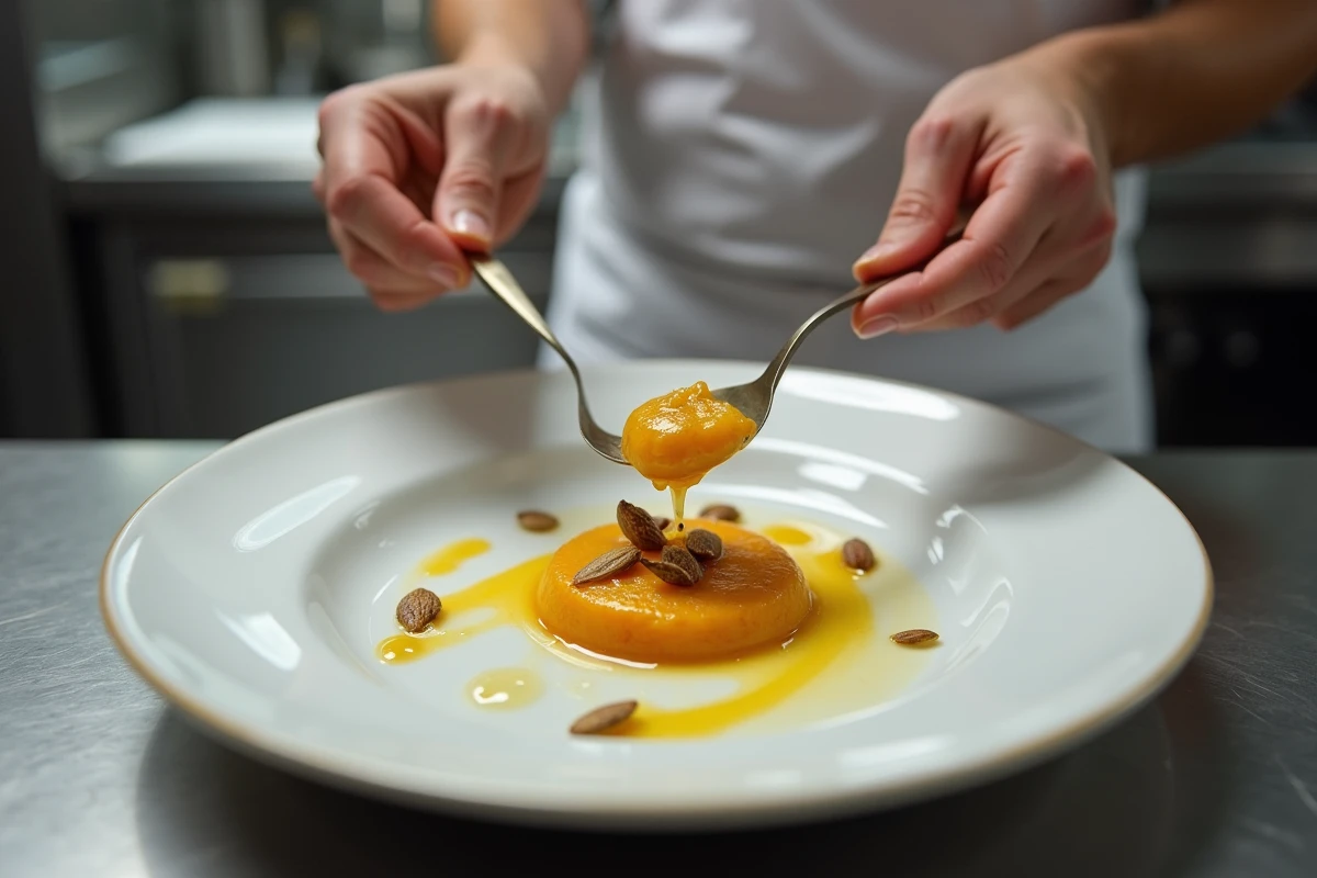 Chef versant de la purée de courge bleu de Hongrie dans une assiette gastronomique avec beurre noisette et graines de courge grillées