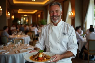 Chef en veste blanche présentant un plat élégant dans un restaurant prestigieux