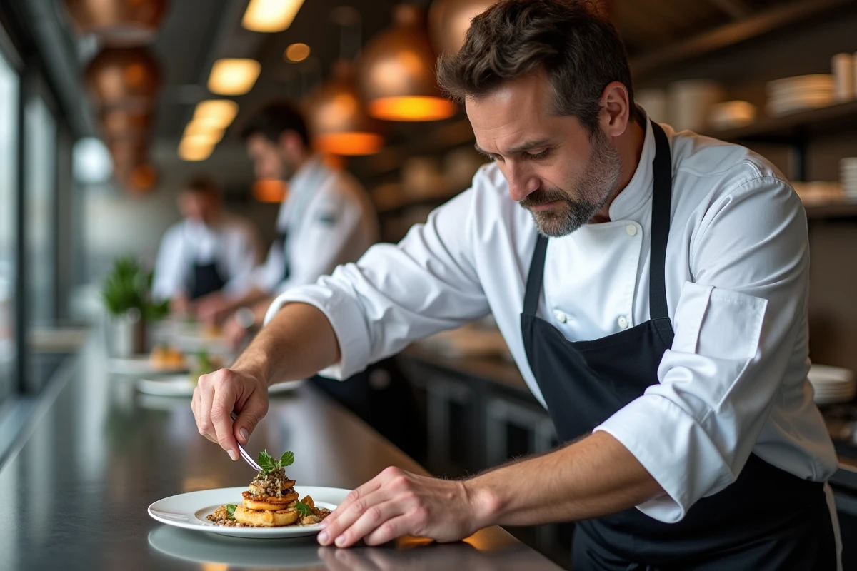 Chef étoilé en train de dresser une assiette dans la cuisine d'un restaurant gastronomique à Lille