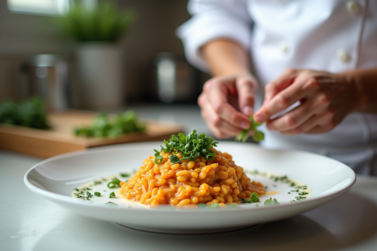 Chef garnissant un risotto crémeux au chorizo dans une cuisine moderne