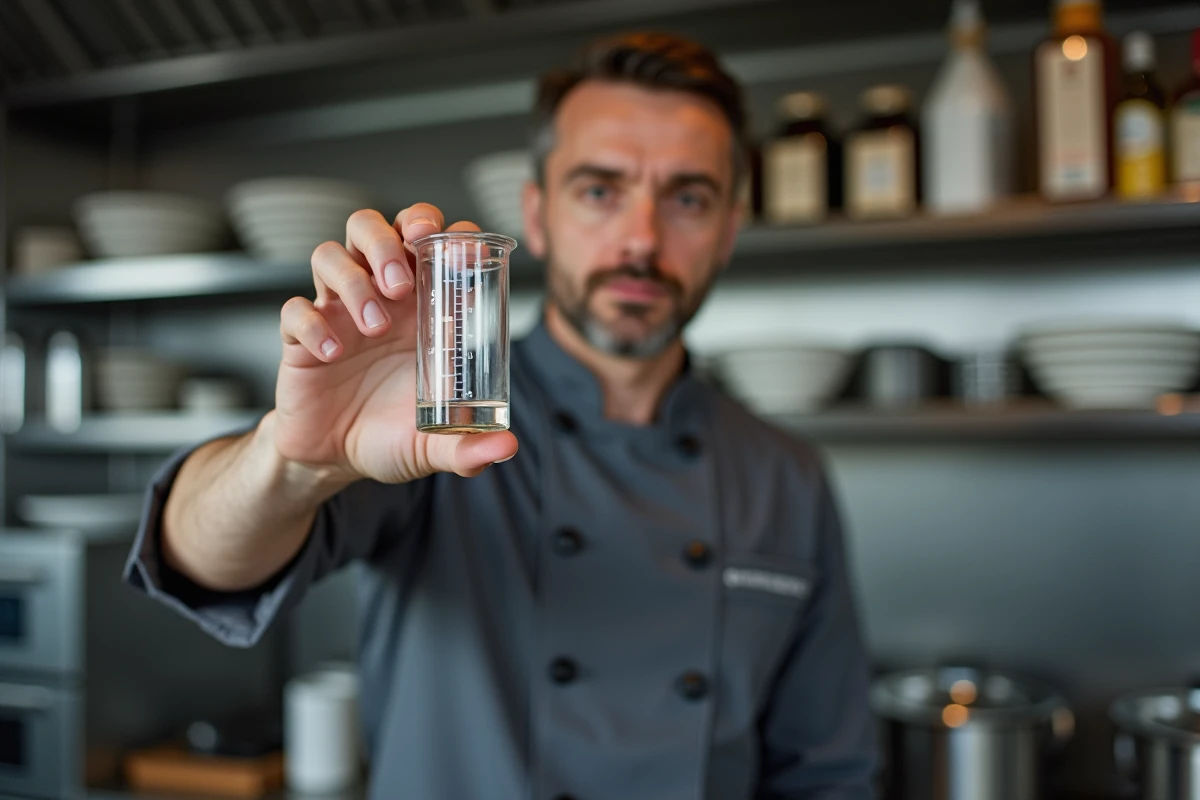 Chef cuisinier tenant un verre doseur gradué à hauteur des yeux dans une cuisine professionnelle pour mesurer 50 ml