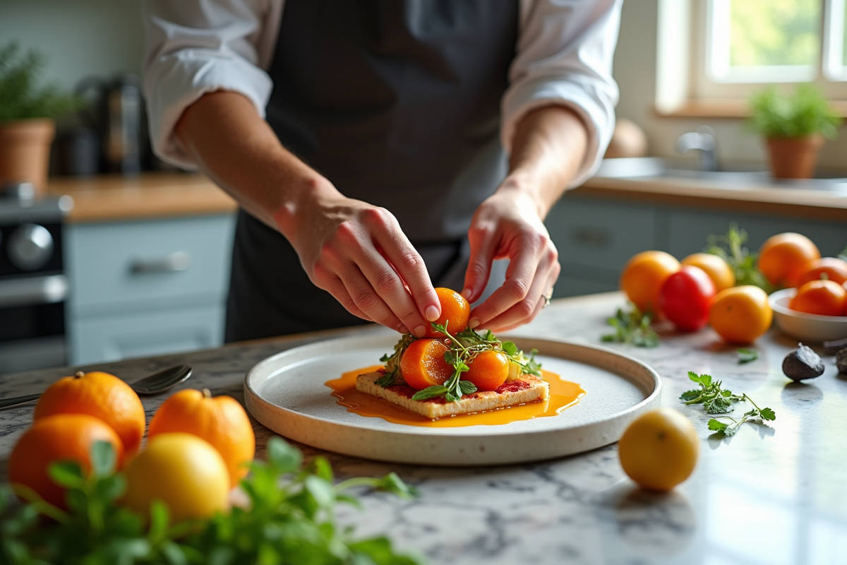 Chef plaçant des fruits zuchu frais sur un plat gourmet en cuisine