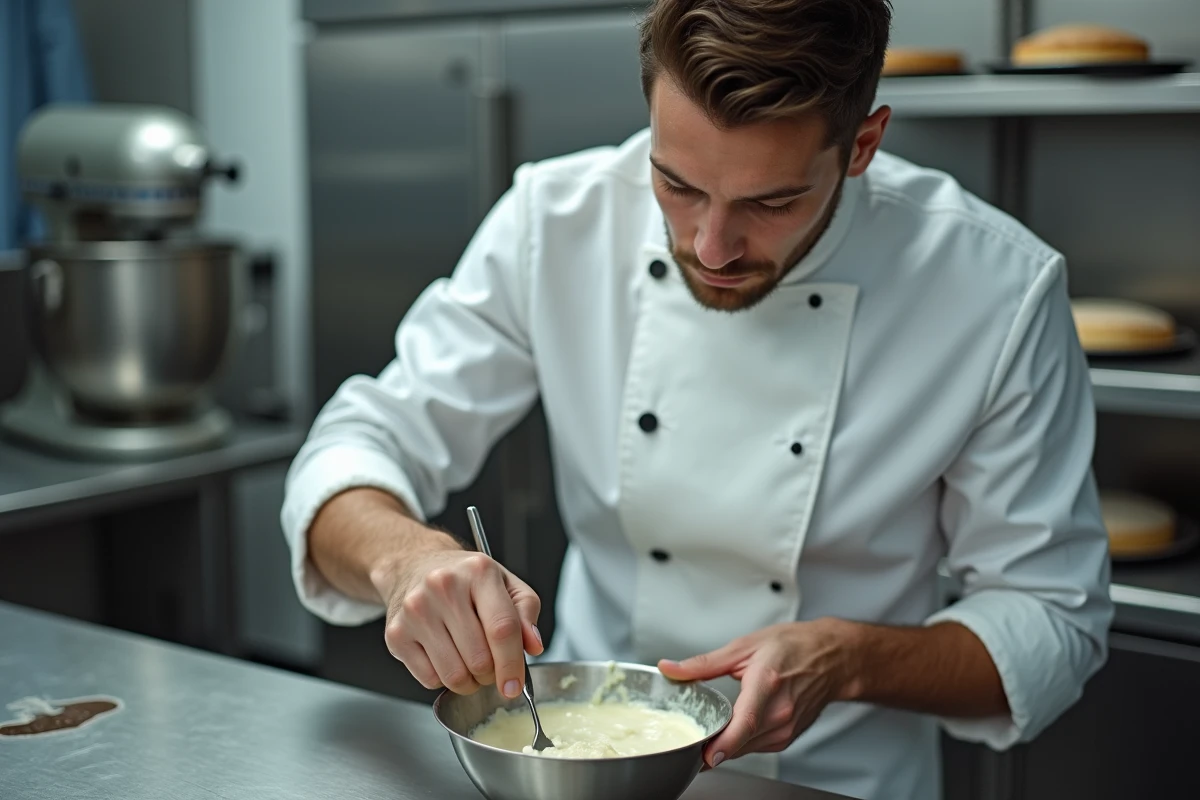 Jeune chef réparant une crème pâtissière dans une cuisine professionnelle