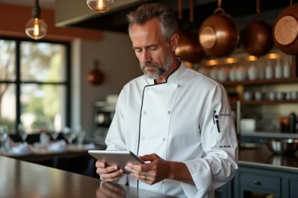Chef cuisinier français en veste blanche dans la cuisine d'un restaurant gastronomique à Marseille, consultant une liste de réservations