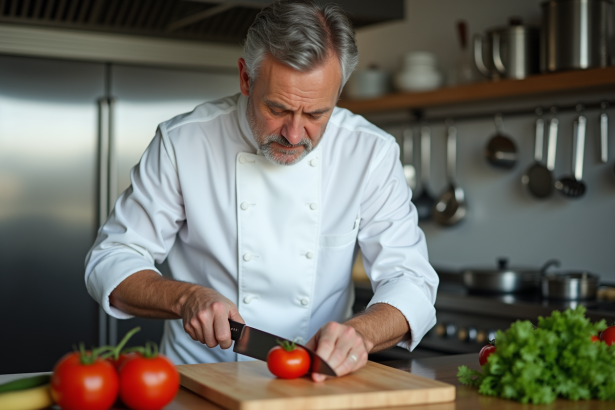 Chef en blanc coupant une tomate dans une cuisine moderne