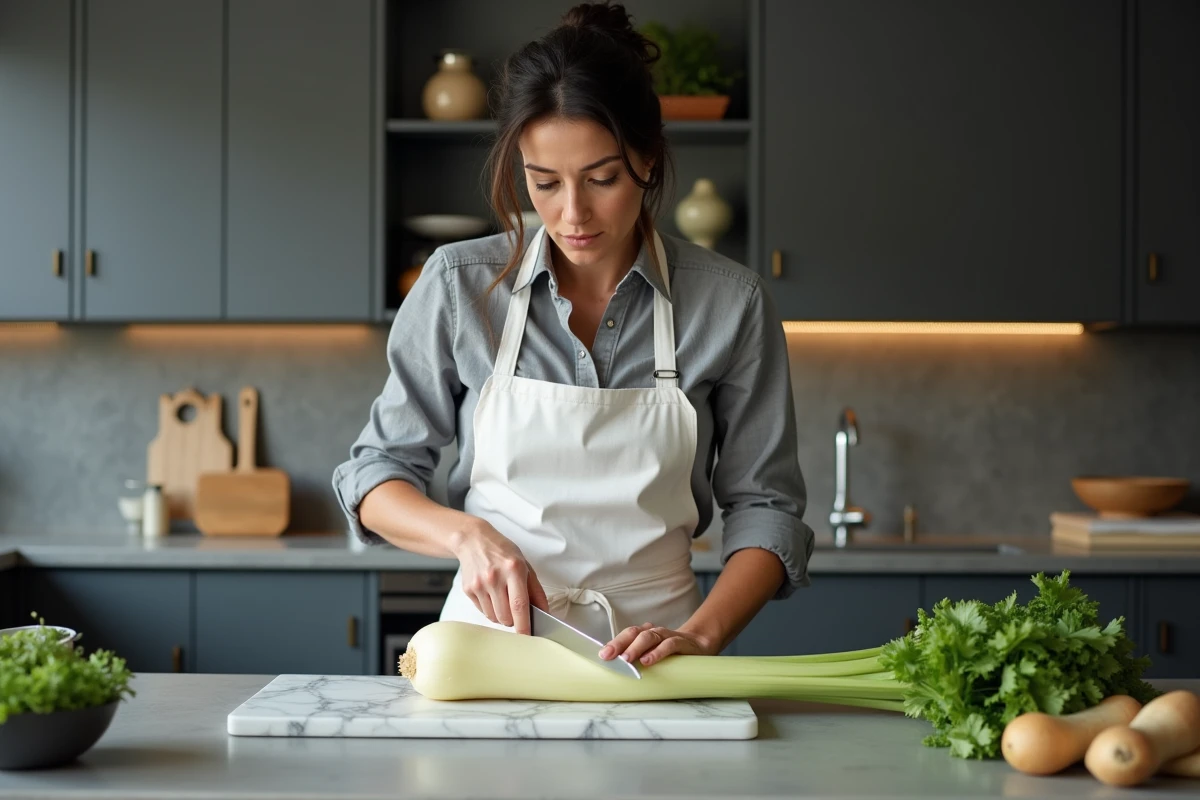 Cheffe cuisinant du céleri-rave en S dans une cuisine moderne pour une recette végétarienne