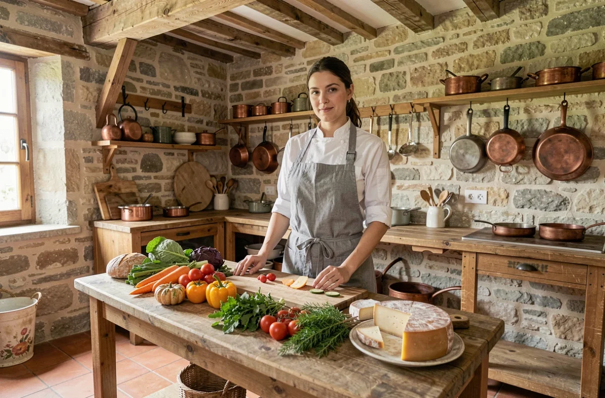 Cheffe cuisinière française entourée de produits frais régionaux dans une cuisine rustique traditionnelle