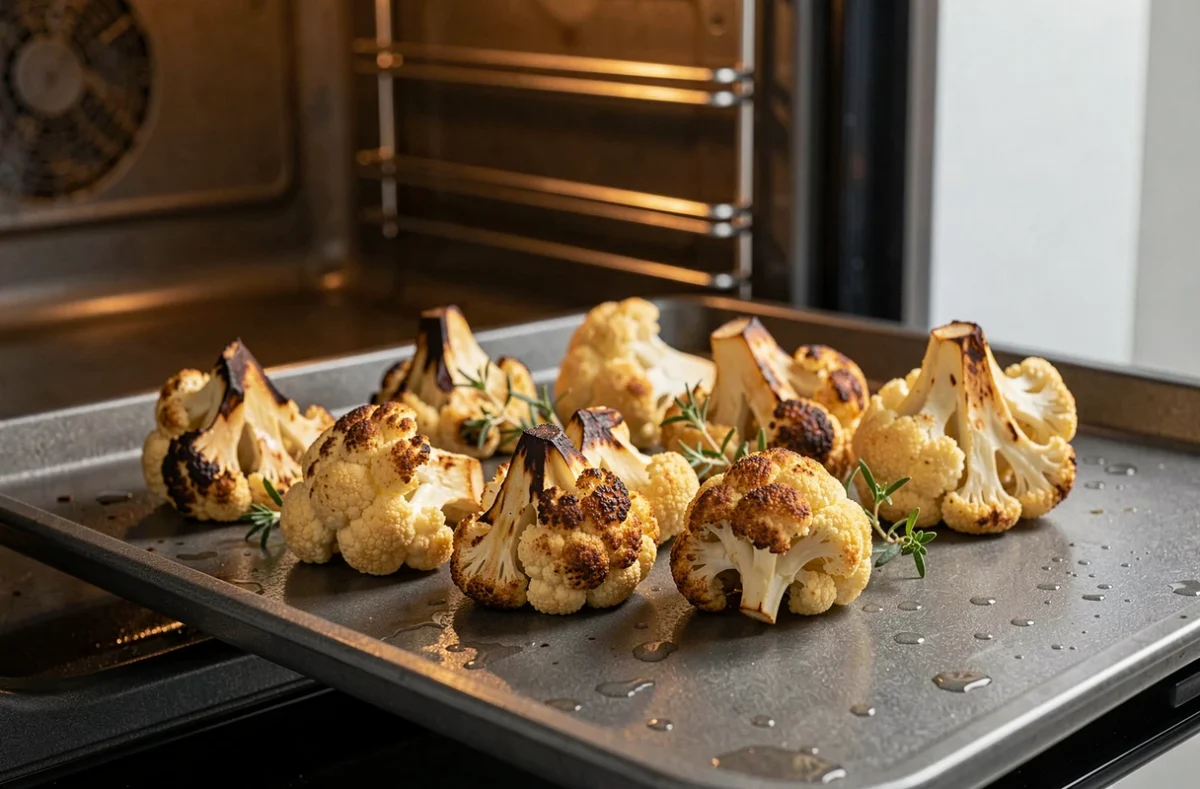 Fleurettes de chou-fleur rôties dorées sur une plaque de cuisson sortant du four avec des herbes fraîches
