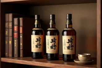 Collection de whiskies japonais éditions limitées sur une étagère en bois de noyer avec livres anciens et détails dorés sur les bouteilles