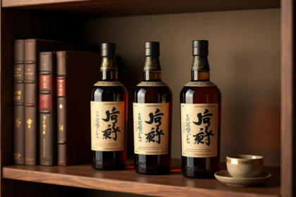 Collection de whiskies japonais éditions limitées sur une étagère en bois de noyer avec livres anciens et détails dorés sur les bouteilles