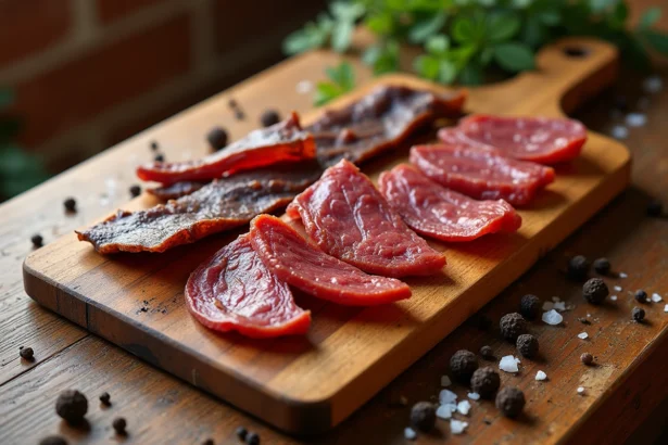 Comparaison côte à côte de beef jerky américain et de biltong sud-africain sur une planche en bois rustique avec épices