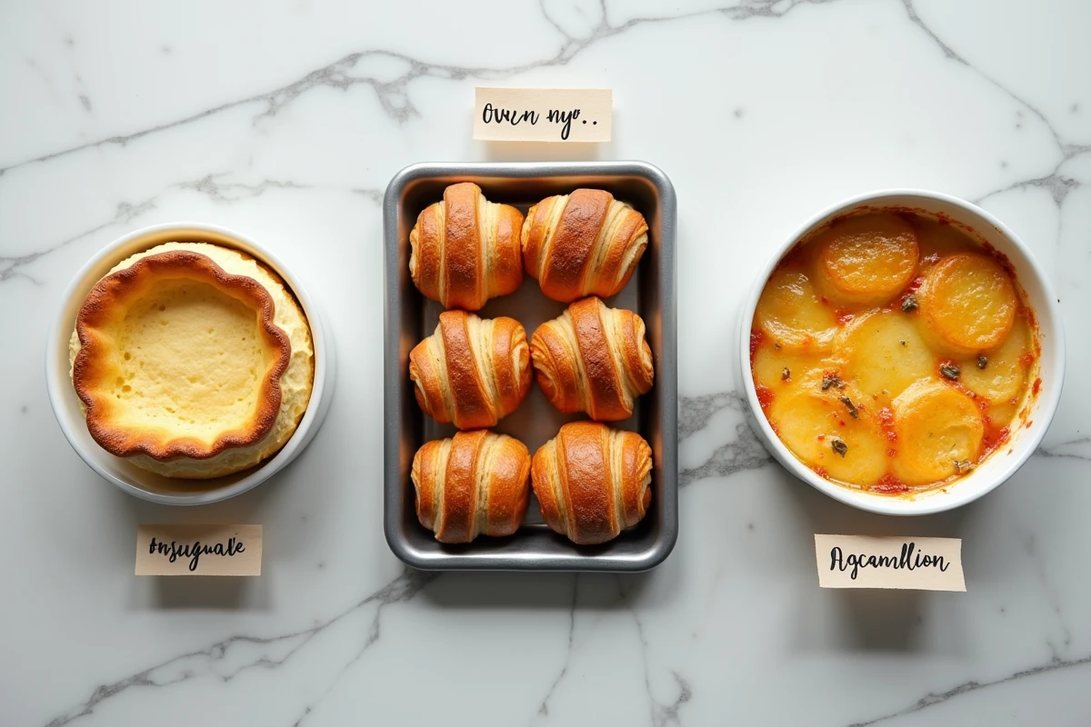 Comparatif de plats cuits au four traditionnel : soufflé, croissants dorés et gratin dauphinois côte à côte sur marbre blanc