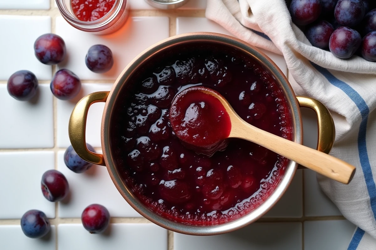 Confiture de prunes en train de mijoter dans une casserole en cuivre avec une cuillère en bois, vue de dessus
