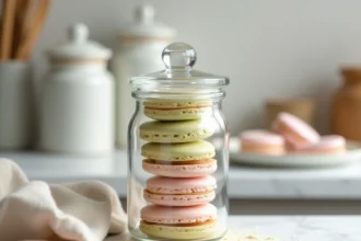 Coques de macarons vides conservées dans un bocal en verre hermétique sur un plan de travail en marbre blanc