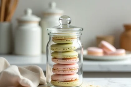 Coques de macarons vides conservées dans un bocal en verre hermétique sur un plan de travail en marbre blanc