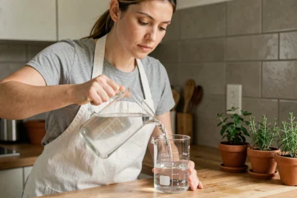 Femme versant 40 cl d'eau dans un verre doseur sur un plan de travail en bois, conversion cuisine pratique