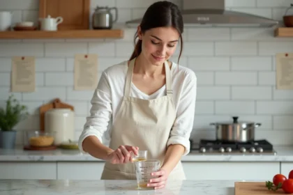 Femme versant un liquide dans un verre doseur gradué en millilitres sur un plan de travail en marbre blanc