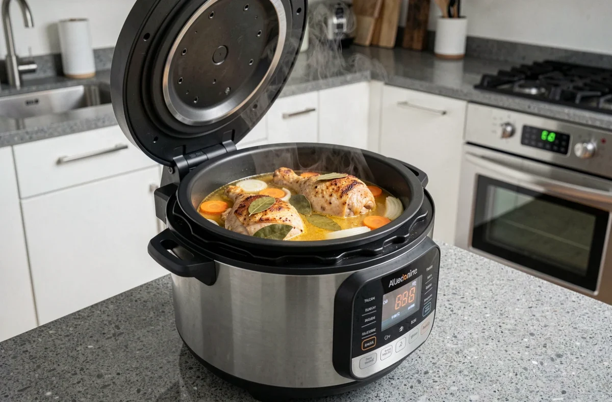 Cookeo ouvert révélant des cuisses de poulet cuites dans un bouillon doré avec légumes