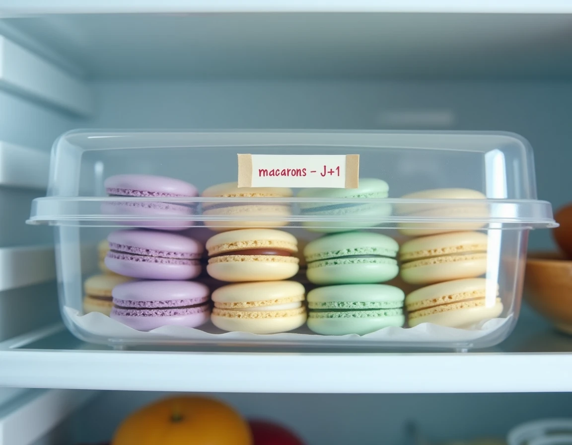 Boîte hermétique de coques de macarons vides conservées au réfrigérateur avec étiquette manuscrite