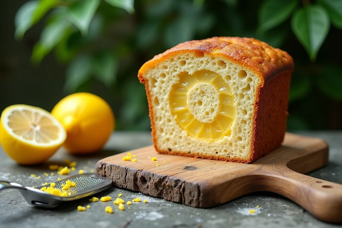 Gros plan sur la coupe d'un pain de gênes au citron montrant la mie dense et dorée avec un zesteur et des citrons frais sur une table en pierre de jardin