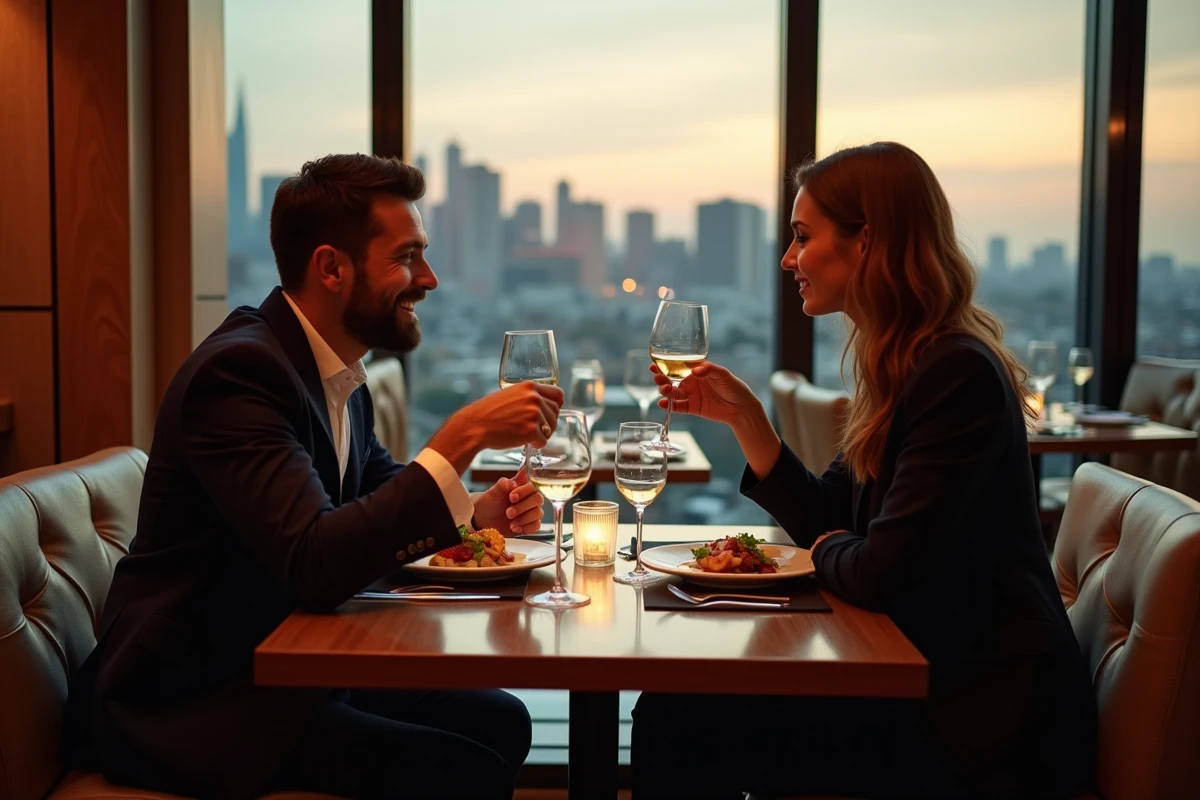 Couple souriant dégustant un repas sophistiqué avec vue sur la ville au crépuscule