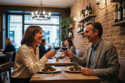 Couple souriant trinquant avec vin rouge dans un restaurant français