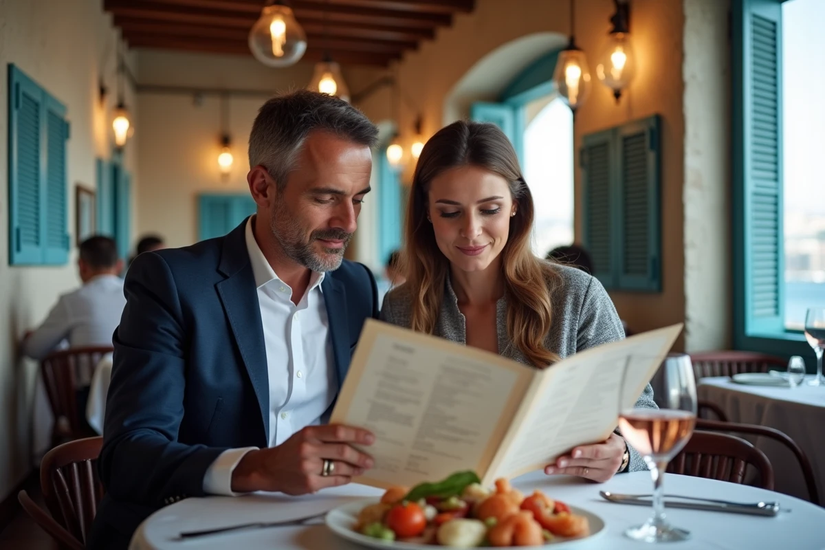 Couple consultant le menu dans un restaurant de fruits de mer à Marseille, plateau de fruits de mer et verres de rosé sur la table