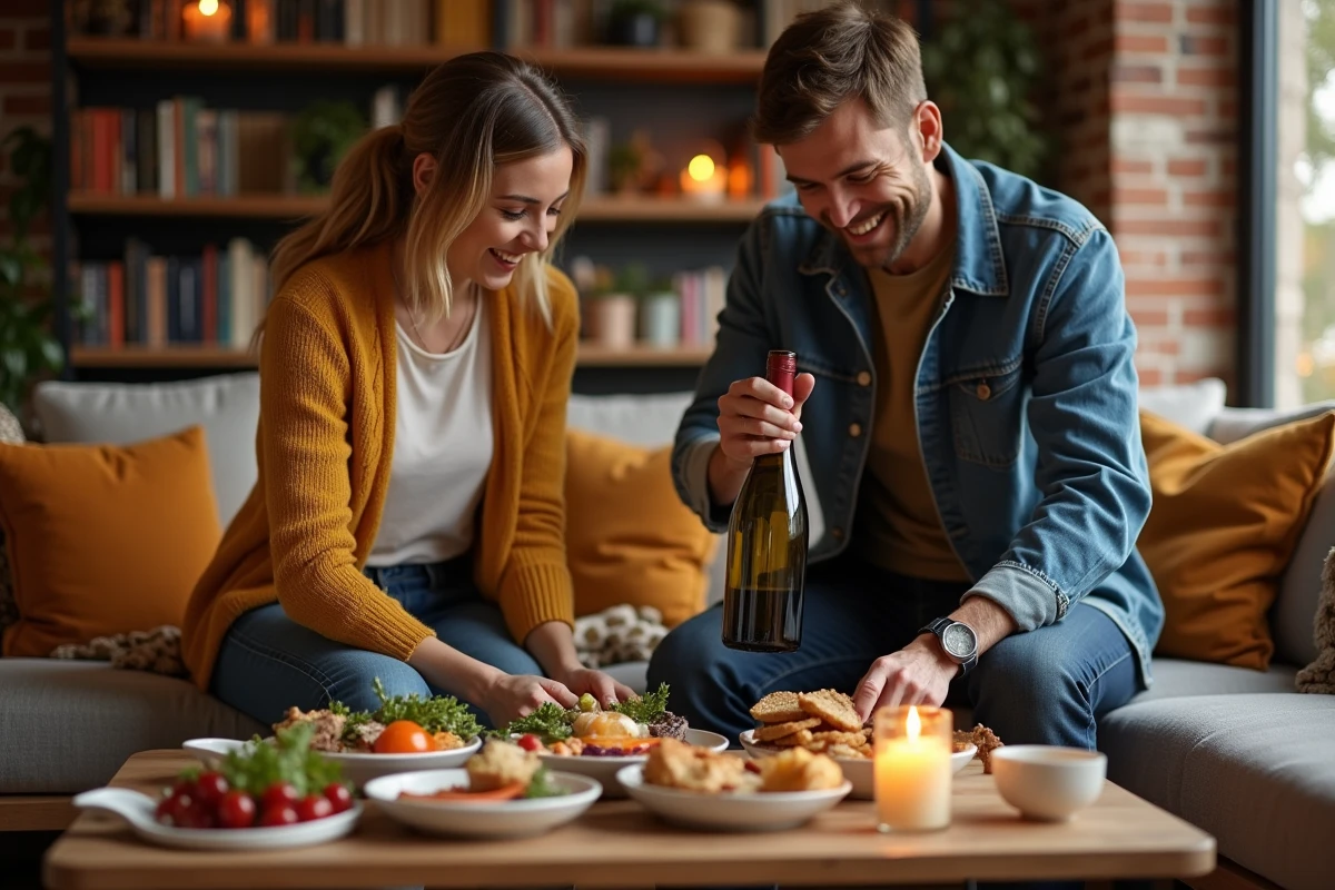 Couple préparant un apéro dinatoire convivial dans un salon cosy avec planches de dégustation et vin naturel sur table basse en bois